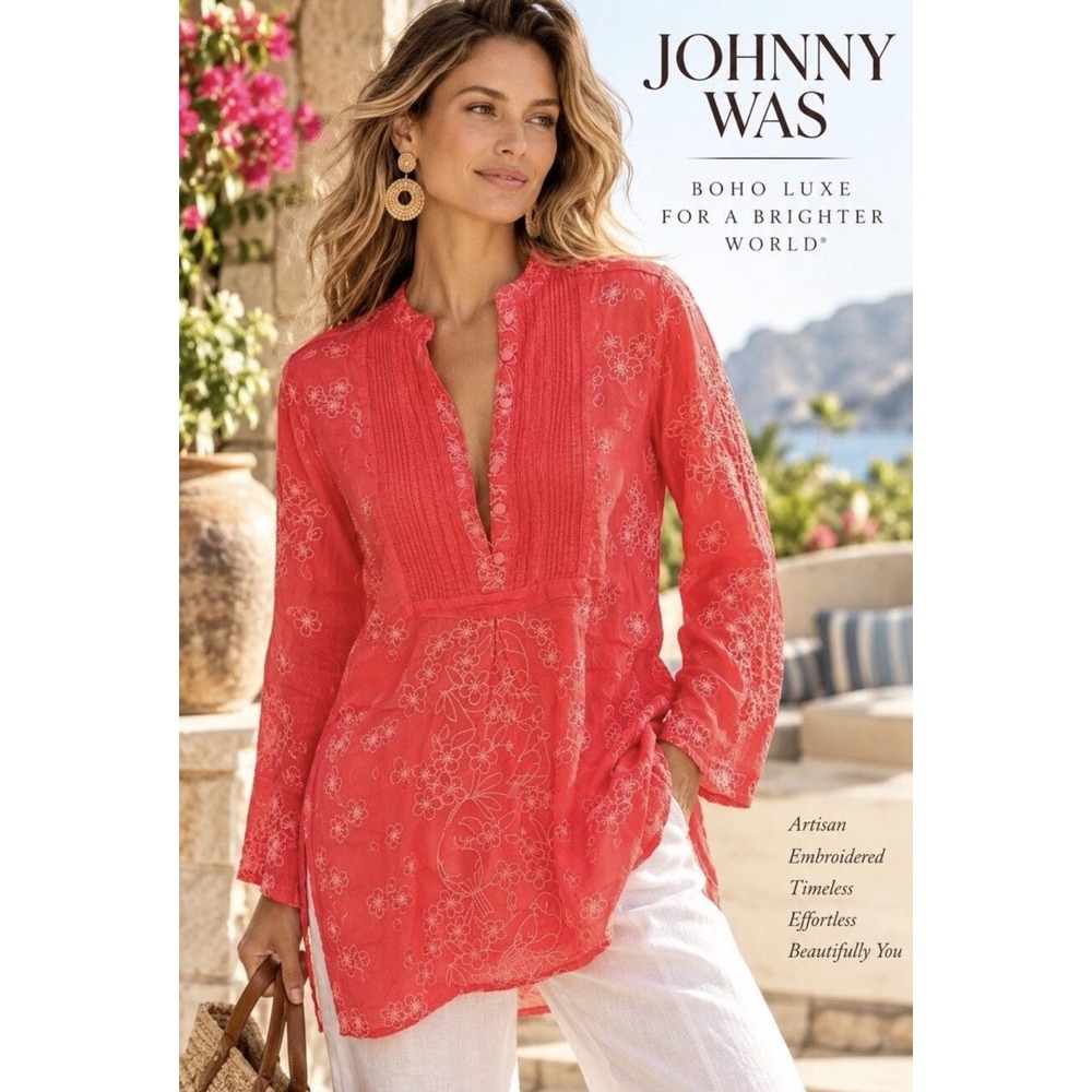 Johnny Was Birdie Marisol Embroidered Long Sleeve Tunic Top Coral Pink M Boho